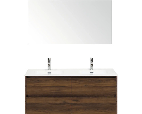 Meuble double vasque avec miroir, meuble bas avec tiroirs et deux robinets