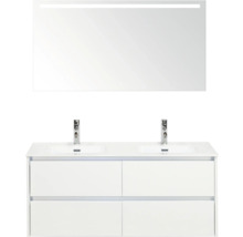 Meuble-lavabo avec meuble sous-vasque, double vasque, robinetterie et miroir avec éclairage