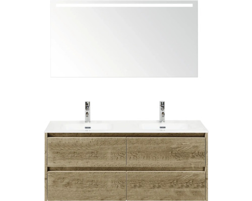 Meuble-lavabo de salle de bain avec miroir et aspect bois