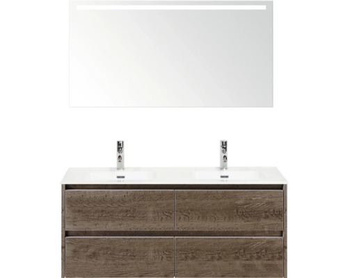 Ensemble de meubles de salle de bains avec meuble-lavabo, deux vasques et miroir lumineux