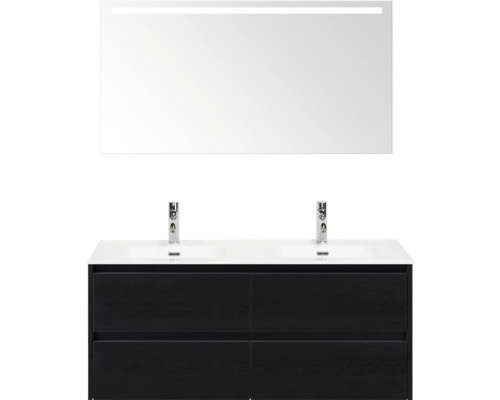 Ensemble de salle de bains avec double vasque, meuble sous-vasque avec tiroirs et miroir avec éclairage