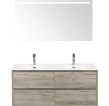 Meuble-lavabo avec meuble bas, double vasque, deux robinets et miroir éclairé