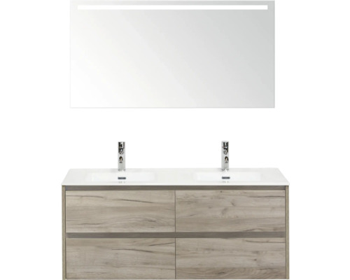 Meuble-lavabo avec meuble bas, double vasque, deux robinets et miroir éclairé