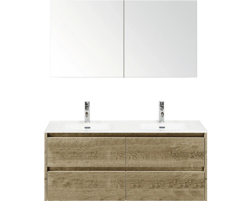 Meuble-lavabo avec deux vasques, meuble bas en bois et armoire de toilette