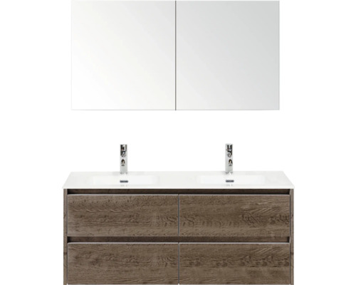 Meuble-lavabo avec deux vasques, meuble bas et armoire de toilette