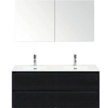 Meuble-lavabo avec deux lavabos, meuble bas avec quatre tiroirs et armoire de toilette