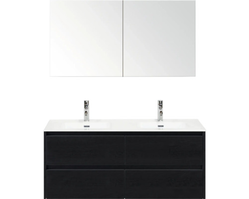 Meuble-lavabo avec deux lavabos, meuble bas avec quatre tiroirs et armoire de toilette