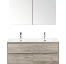 Salle de bains avec meuble sous-vasque, deux lavabos, deux robinets et armoire de toilette