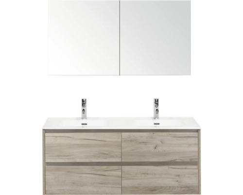 Salle de bains avec meuble sous-vasque, deux lavabos, deux robinets et armoire de toilette