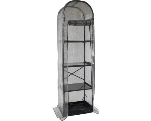 Gewächshaus mit mehreren Regalböden und transparenter Abdeckung.