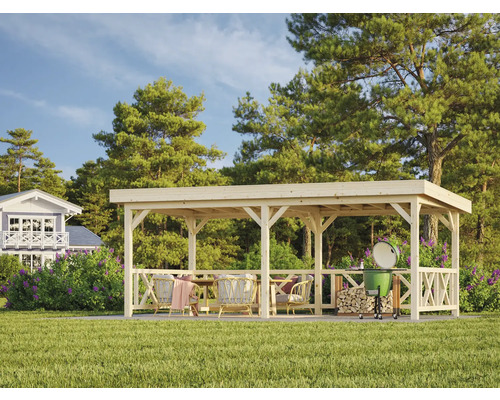 Pavillon Palmako Lenna 16,6 m² Set 307 y compris garde-corps 588 x 300 cm naturel Pavillon de jardin en bois avec coin salon et barbecue