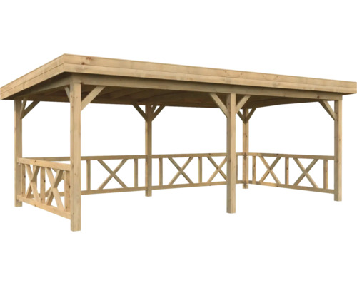 Pavillon Palmako Lenna 16,6 m² Set 307 inkl. Geländer 588 x 300 cm tauchimprägniert braun Holzpavillon mit Dach und Lattenzaun