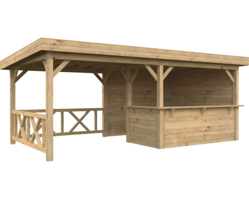 Pavillon Palmako Lenna 16,6 m² Set 310 inkl. Tresen, Rückwand und Geländer 588 x 300 cm tauchimprägniert braun Hölzerner Pavillon mit Dach und Theke für den Garten