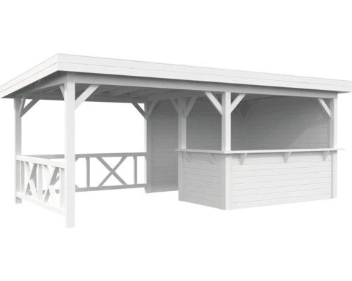Pavillon Palmako Lenna 16,6 m² Set 310 inkl. Tresen, Rückwand und Geländer 588 x 300 cm weiß Weisser Holzpavillon mit Überdachung und Theke für den Garten