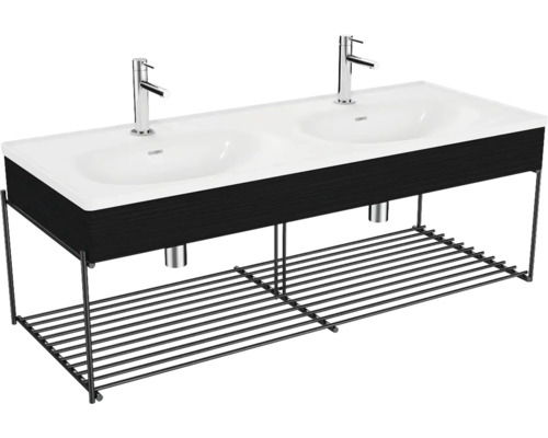 Lavabo double avec grille de dépose VitrA Equal lxhxp 132.5x46.5x52 cm couleur de façade chêne noir 64100 Double vasque avec meuble sous-vasque et étagère