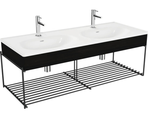 Lavabo double avec grille de dépose VitrA Equal lxhxp 132.5x46.5x52 cm couleur de façade orme 64101 Meuble-lavabo avec deux vasques, robinetteries et étagère de rangement