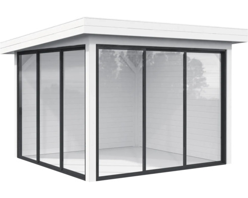 Pavillon Palmako Lenna Slide 8,3 m² Set 401 300 x 300 cm weiß Gartenhaus mit Glasfront und Flachdach
