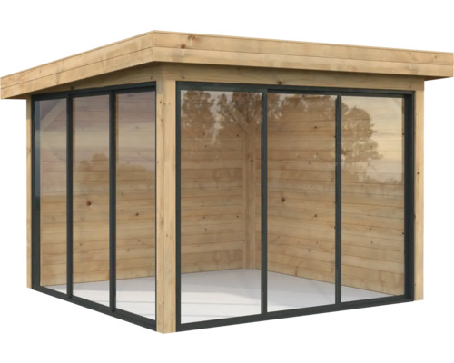 Pavillon Palmako Lenna Slide Plus 8,3 m² Set 701 300 x 300 cm tauchimprägniert braun Holzgartenhaus mit Glasschiebetüren