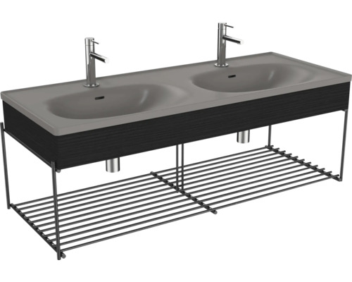 Doppelwaschbecken mit Ablagegitter VitrA Equal BxHxT 132.5x46.5x52 cm Frontfarbe schwarz eiche 66066 Waschtisch mit Doppelwaschbecken, Armaturen und Ablageregal