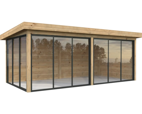 Pavillon Palmako Lenna Slide Plus 16,6 m² Set 702 588 x 300 cm tauchimprägniert braun Holzgartenhaus mit Glasschiebetüren