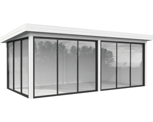 Pavillon Palmako Lenna Slide Plus 16,6 m² Set 702 588 x 300 cm weiß Modernes Gartenhaus mit grossen Fensterfronten für viel Tageslicht