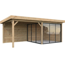 Gartenhaus mit Holzverkleidung und Glasfront