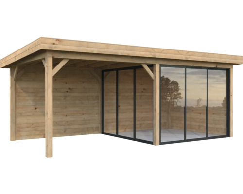 Pavillon Palmako Lenna Slide 16,6 m² Set 405 588 x 300 cm tauchimprägniert braun Gartenhaus mit Holzverkleidung und Glasfront