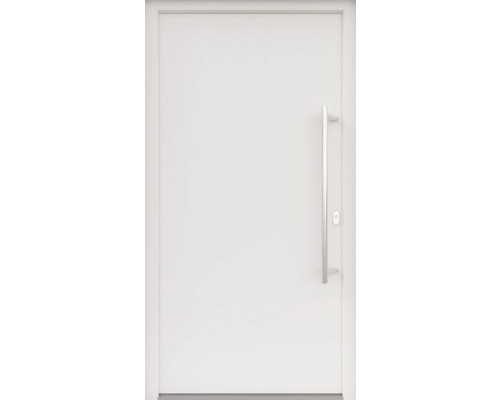 ARON HaustürBasic 3101 Aluminium-Kunststoff-Verbund RAL 9016 verkehrsweiss 1100x2100 mm einseitig flügelüberdeckend DIN Rechts inkl.Stossgriffset,Innendrücker in Edelstahl,Profilzylinder mit 3 Schlüsseln Weisse Wohnungseingangstür mit Edelstahlgriff