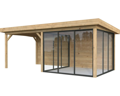 Pavillon Palmako Lenna Slide 16,6 m² Set 406 588 x 300 cm tauchimprägniert braun Holzgartenhaus mit Glasschiebetüren
