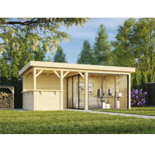 Abri de jardin en bois avec façade en verre et extension latérale dans le jardin.