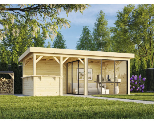 Abri de jardin en bois avec façade en verre et extension latérale dans le jardin.