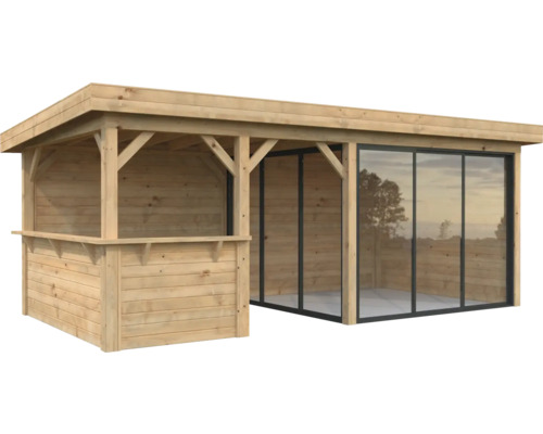 Pavillon Palmako Lenna Slide Plus 16,6 m² Set 707 588 x 300 cm tauchimprägniert braun Holzgartenhaus mit Bar und Glasschiebewänden