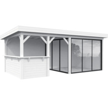 Weisser Holzpavillon mit Glasschiebetüren