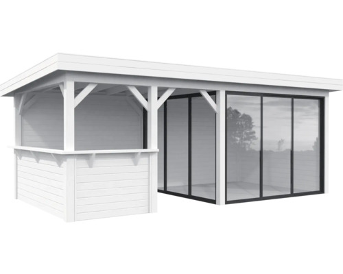 Pavillon Palmako Lenna Slide Plus 16,6 m² Set 707 588 x 300 cm weiß Weisser Holzpavillon mit Glasschiebetüren