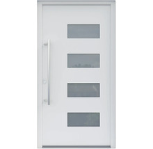 Porte d''entrée blanche avec quatre panneaux de verre rectangulaires et une longue poignée de porte verticale.