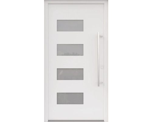 ARON HaustürBasic 3121 Aluminium-Kunststoff-Verbund RAL 9016 verkehrsweiss 1000x2100 mm einseitig flügelüberdeckend DIN Rechts inkl.Stossgriffset,Innendrücker in Edelstahl,Profilzylinder mit 3 Schlüsseln Weiße Haustür mit vier rechteckigen Glaseinsätzen und einem Griff