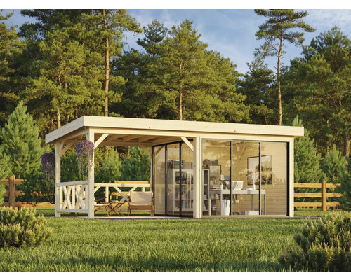 Pavillon Palmako Lenna Slide Plus 16,6 m² Set 403 y compris garde-corps 588 x 300 cm naturel Maison de jardin en bois avec terrasse et façade en verre dans le jardin