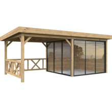 Holz Pavillon mit Glaswänden.
