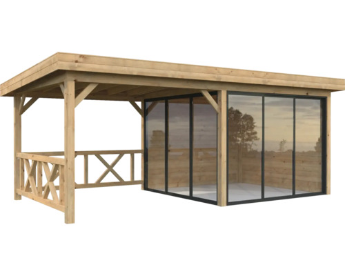 Holz Pavillon mit Glaswänden.