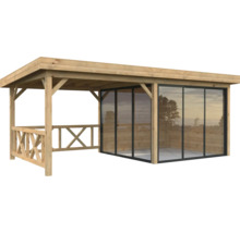 Pavillon de jardin en bois avec portes coulissantes et balustrade