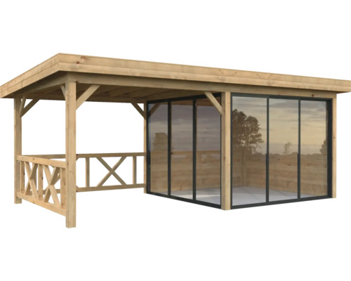 Pavillon Palmako Lenna Slide Plus 16,6 m² Set 703 588 x 300 cm tauchimprägniert braun Holzpavillon mit Schiebetüren und Geländer