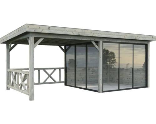 Pavillon Palmako Lenna Slide Plus 16,6 m² Set 703 588 x 300 cm tauchimprägniert grau Überdachter Pavillon mit Glasfront für den Garten