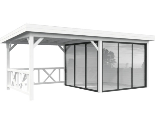 Pavillon Palmako Lenna Slide Plus 16,6 m² Set 703 588 x 300 cm weiß Weisse Gartenlaube mit Glaswänden für den Aussenbereich