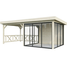 Abri de jardin en bois avec portes coulissantes et terrasse couverte