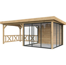 Holz Pavillon mit Glasschiebetüren und seitlichem Geländer