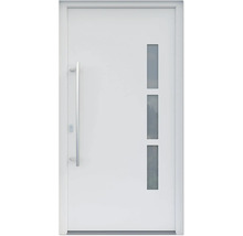Porte d''entrée blanche avec inserts en verre et poignée en acier inoxydable