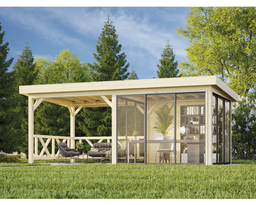 Pavillon de jardin en bois avec portes coulissantes en verre, terrasse et mobilier dans le jardin