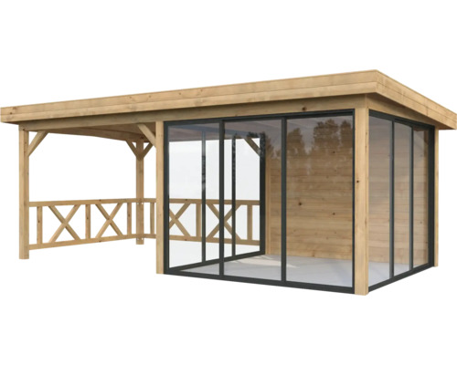 Pavillon Palmako Lenna Slide Plus 16,6 m² Set 704 588 x 300 cm tauchimprägniert braun Holzpavillon mit Glasschiebetüren und Geländer
