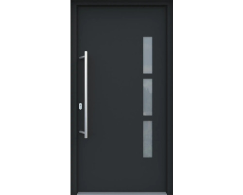 Porte d''entrée moderne avec poignée et trois fenêtres en verre