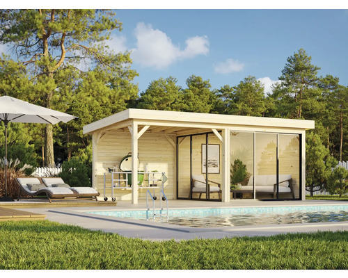 Pool house en bois avec espace barbecue et chaises longues à côté d''une piscine dans le jardin.